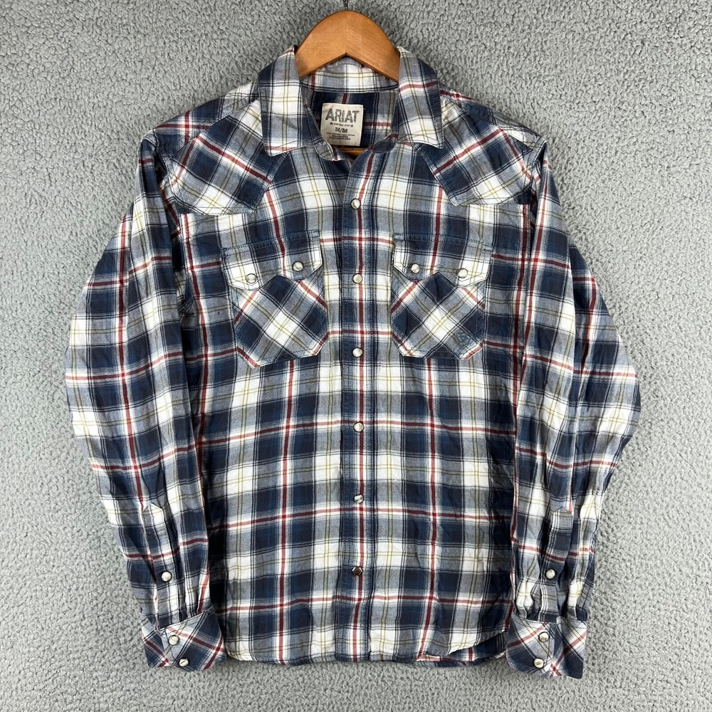 Ariat‎ Shirt Mens Medium Grey Plaid Retro Fit Pearl Snap Western Rodeo Cowboy